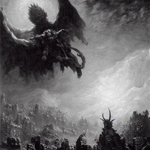 Prompt: a dark and angry god coming to smite a small town of scared villagers, gustave dore, seb mckinnon, matte painting, francisco goya, saturn devouring his children