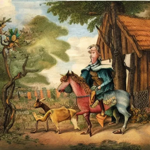 Prompt: bremen town musicians but with a horse, a snake and a pineapple