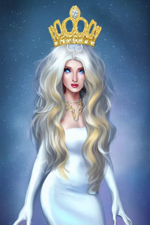 Image similar to Beautiful Queen!!, white long hair, sky blue eyes, tight white silk dress, white long gloves, bear foot, crown made of gold and diamonds, intricate, fantasy, elegant, artstation, hard focus vivid colours