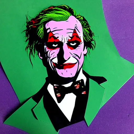 Image similar to die cut sticker, saul goodman wearing the joker suit, splatter paint