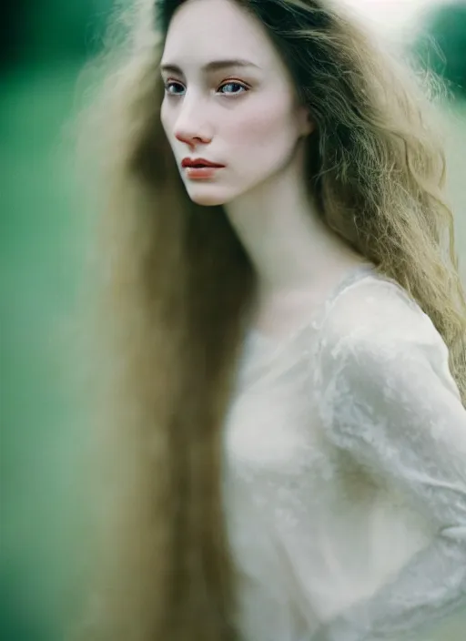 Image similar to cinestill 5 0 d photo portrait of a beautiful woman, delicate, dreamy, subsurface scattering, long hair floating in air in style of gilles zimmermann, 5 0 mm lens, f 2. 4, sharp focus, ethereal, emotionally evoking, head in focus, soft blur light, matt dreamy colour scheme, volumetric lighting, hyperrealistic, ultradetailed