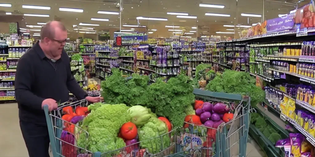 Image similar to cc tv video of barney getting groceries