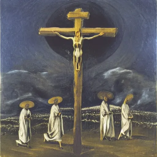 Image similar to A Holy Week procession of four souls in a Spanish landscape at night. A figure at the front holds a cross. El Greco, Remedios Varo, Salvador Dali, Carl Gustav Carus, John Atkinson Grimshaw. Blue tint. Symetrical, logo, geometric shapes.