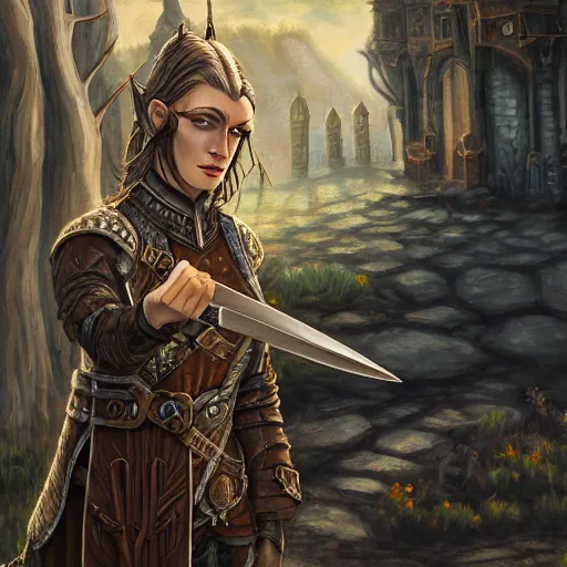Prompt: Androgynous wood elf, leather tunic, bone nose ring, holding bone dagger. Exterior city scene, middle ages, evening sunlight. Professional oil painting, high fantasy, detailed, 8k
