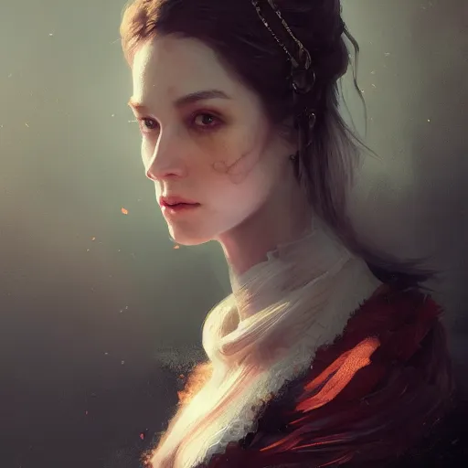 Image similar to A fancy portrait of an attractive lady by Greg Rutkowski, Sung Choi, Mitchell Mohrhauser, Maciej Kuciara, Johnson Ting, Maxim Verehin, Peter Konig, Bloodborne, 8k photorealistic, cinematic lighting, HD, high details, dramatic, dark atmosphere, trending on artstation