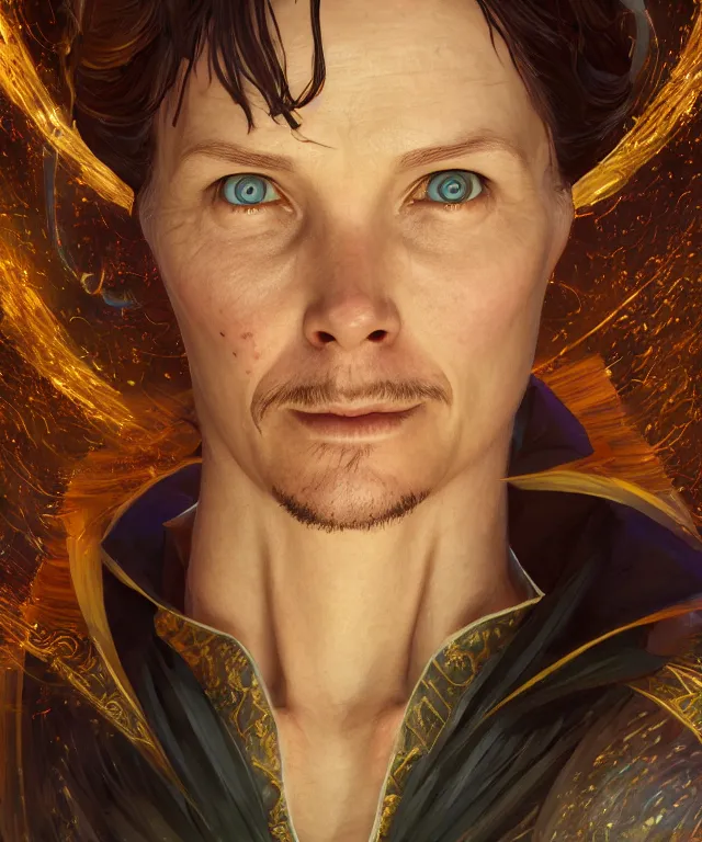 Image similar to doctor strange as a female, au naturel, hyper detailed, digital art, trending in artstation, cinematic lighting, studio quality, smooth render, unreal engine 5 rendered, octane rendered, art style by klimt and nixeu and ian sprigger and wlop and krenz cushart