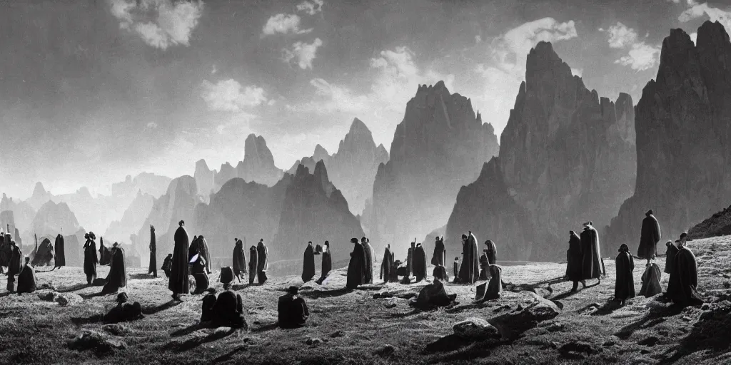 Image similar to 1920s photography of an occult ceremony meeting with dolomites in the background, priests with hay coats and horns, occult signs, wicca, alp, dolomites, alpine, detailed intricate insanely detailed octane render, 8k artistic 1920s photography, photorealistic, black and white, chiaroscuro, hd, by David Cronenberg, Raphael, Caravaggio