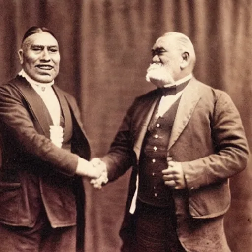 Prompt: a tattooed maori dignitary shakes hands with a 2 0 th century english industrialist, colorized 1 9 0 4 photo, kodak camera, historical event, credit the national archives of the united kingdom