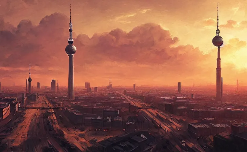 Image similar to painting of skyline of berlin with television tower at sunset, natural light, concept art, by greg rutkowski, cozy atmospheric and cinematic lighting