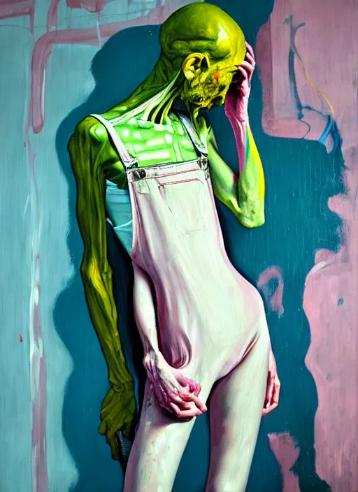 Image similar to an insane, skinny, artist wearing overalls, expressive painting the walls inside a grand messy studio, depth of field, hauntingly surreal, highly detailed painting by francis bacon, edward hopper, adrian ghenie, glenn brown, and james jean, soft light 4 k in pink, green and blue colour palette, cinematic composition,