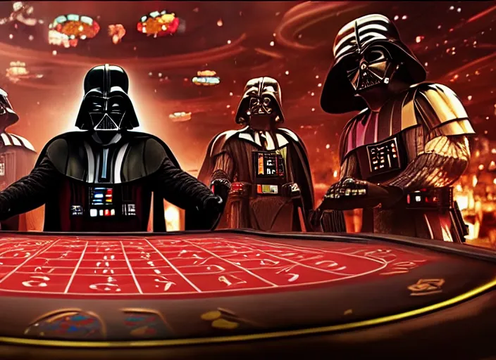 Image similar to film still of Darth Vader gambling in Vegas in the new Star Wars movie, 4k