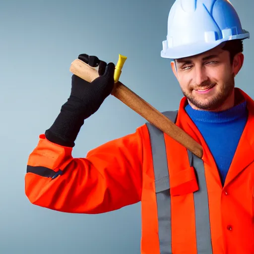 Image similar to a logo of a worker wearing hard hat and holding tools logo