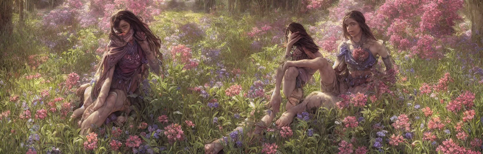 Prompt: Ultra realistic illustration, rusty cybor woman sitting among flowers and vegetation, cyberpunk, sci-fi, fantasy, intricate, elegant, highly detailed, digital painting, artstation, concept art, smooth, sharp focus, illustration, art by artgerm and greg rutkowski and alphonse mucha, hyper detailed, intricate, hyperrealistic, cinematic lighting, volumetric lighting, dramatic lighting, moody, octane render, ultra view, depth --uplight, magical atmosphere, trending on artstation, 30mm, by Noah Bradley trending on ArtStation, deviantart, high detail, stylized portrait H 640