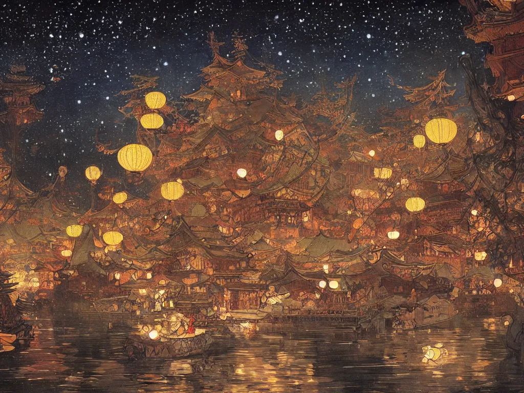 Image similar to view from the river of a beautiful painting of the lantern festival in a an ancient japanese town, at night with a sky full of stars, intricate, elegant, highly detailed, digital painting, artstation, concept art, by krenz cushart and artem demura and alphonse mucha