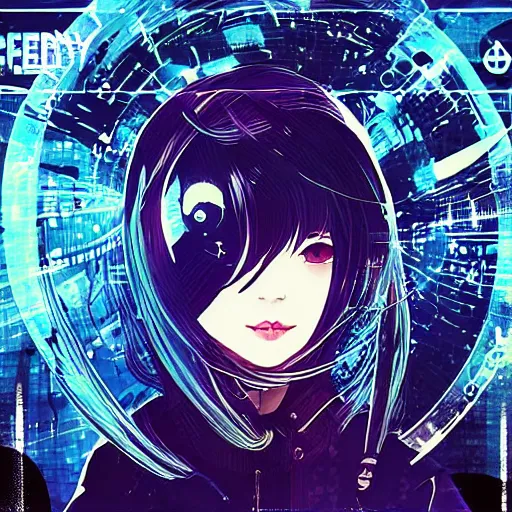 Image similar to Frequency indie album cover, luxury advertisement, indigo filter, blue and black colors. highly detailed post-cyberpunk sci-fi close-up schoolgirl in asian city in style of cytus and deemo, mysterious vibes, by Ilya Kuvshinov, by Greg Tocchini, nier:automata, set in half-life 2, beautiful with eerie vibes, very inspirational, very stylish, with gradients, surrealistic, dystopia, postapocalyptic vibes, depth of field, mist, rich cinematic atmosphere, perfect digital art, mystical journey in strange world, beautiful dramatic dark moody tones and studio lighting, shadows, bastion game, arthouse