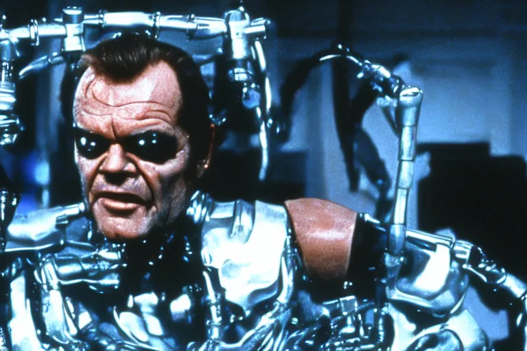 Image similar to Jack Nicholson plays Terminator, scene where his endoskeleton gets exposed, still from the film