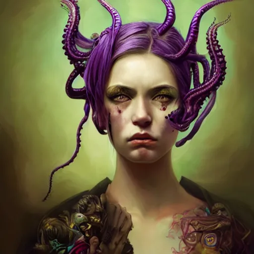 Image similar to art portrait of a furious girl with purple tentacles on her head,8k,by tristan eaton, Stanley Artgermm,Tom Bagshaw,Greg Rutkowski,Carne Griffiths,trending on DeviantArt, face enhance,hyper detailed ,full of colour,