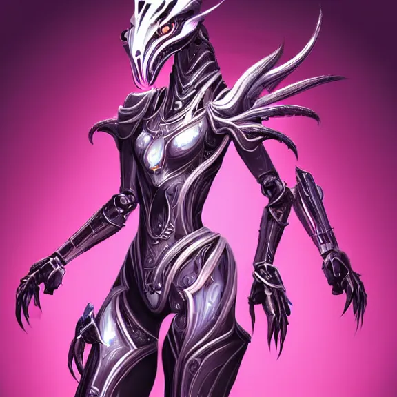 Image similar to highly detailed exquisite fanart, of a beautiful female warframe, but as an anthropomorphic elegant robot female dragon, shiny white silver plated armor engraved, robot dragon head, Fuchsia skin beneath the armor, sharp claws, long sleek tail behind, robot dragon hands and feet, two arms and legs, elegant pose, close-up shot, full body shot, epic cinematic shot, professional digital art, high end digital art, singular, realistic, DeviantArt, artstation, Furaffinity, 8k HD render, epic lighting, depth of field