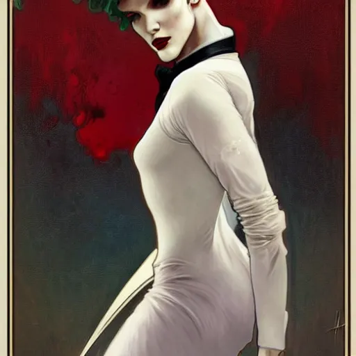 Image similar to beautiful portrait of androgynous ruby rose as desire from sandman in a white tuxedo!!!, rockabilly style, by alphonse mucha, cedric peyravernay, by jeremy mann, by frank moth, white suit and black tie, soft lightning, high detailed, 8 k