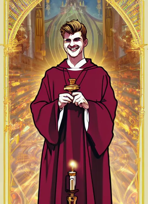 Image similar to grinning timo werner as a priest wearing robes. holding golden candlestick, in a monestry natural lighting, path traced, highly detailed, high quality, digital painting, by don bluth and ross tran and studio ghibli and alphonse mucha, artgerm