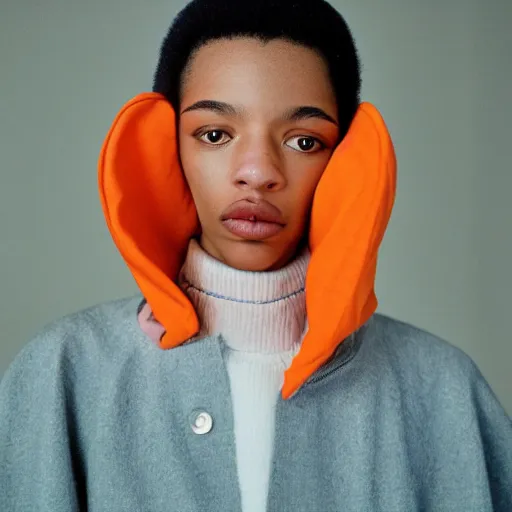 Image similar to realistic! photoshoot for a new balenciaga lookbook, color film photography, portrait of a beautiful woman wearing a balaclava puffer mask, photo in style of tyler mitchell, 35mm lens