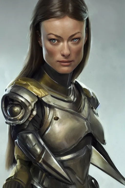 Image similar to a professional painting of a young Olivia Wilde, clothes in military armor, olive skin, long dark hair, beautiful bone structure, symmetrical facial features, intricate, elegant, digital painting, concept art, smooth, sharp focus, illustration, from StarCraft by Ruan Jia and Mandy Jurgens and Artgerm and William-Adolphe Bouguerea