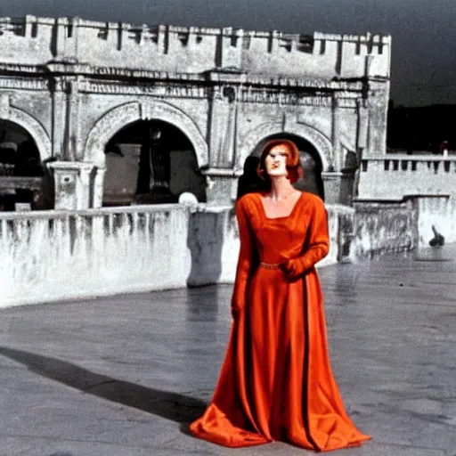 Prompt: Cinematic technicolor still of Greta Garbo as Tosca near the Castel San Angelo in the 1959 film by George Cukor