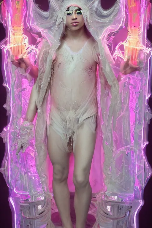 Image similar to full-body rococo and cyberpunk delicate neon crystalline sculpture of ((young muscular albino prince Jay Sean)) as an iridescent humanoid deity wearing a thin see-through ((plastic hooded cloak)) (holding a human skull) in a white castle dungeon, reclining con (((las piernas abiertas))), glowing pink face, crown of (white lasers), large diamonds, swirling black silk fabric. futuristic elements. oozing glowing liquid, full-length view. space robots. intricate artwork by caravaggio. Trending on artstation, octane render, cinematic lighting from the right, hyper realism, octane render, 8k, depth of field, 3D