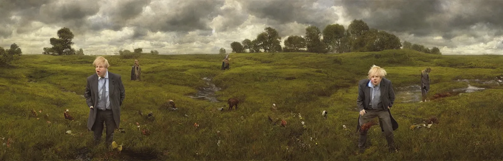 Image similar to A meadow with Boris Johnson standing in the middle of a stream, wide landscape, illustration, detailed, smooth, soft, warm, by Adolf Lachman, Shaun Tan, Surrealism