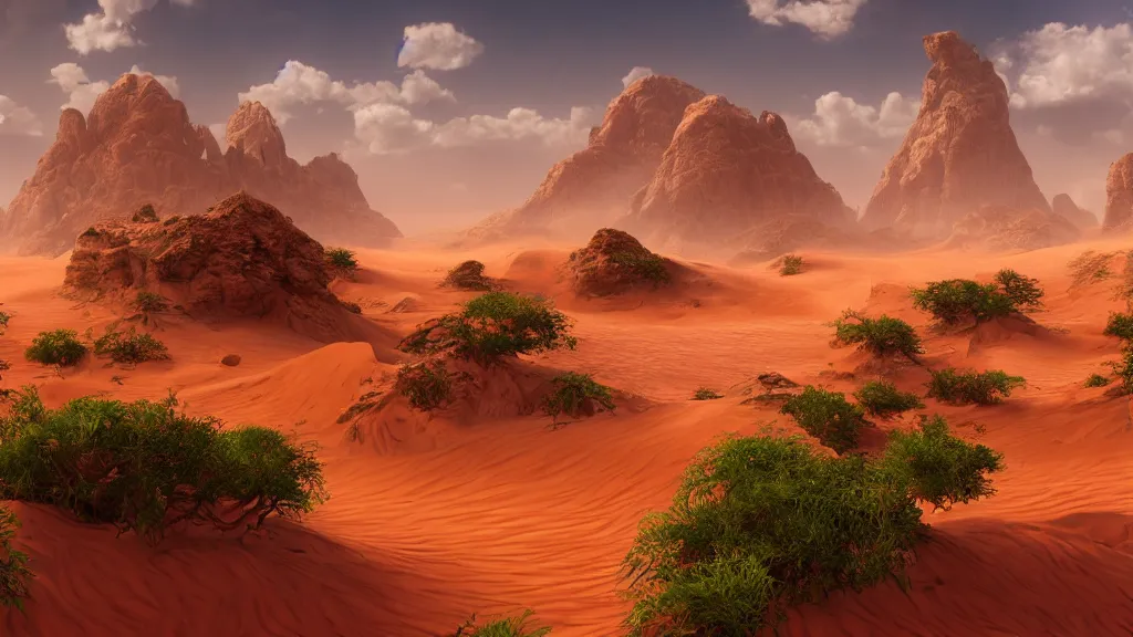 Image similar to The Sahara desert slowly being taken over by plants, fantasy artwork, very very very beautiful scenery, hd, hdr, ue5, ue6, unreal engine 5, cinematic 4k wallpaper, 8k, ultra detailed, high resolution, artstation, award winning