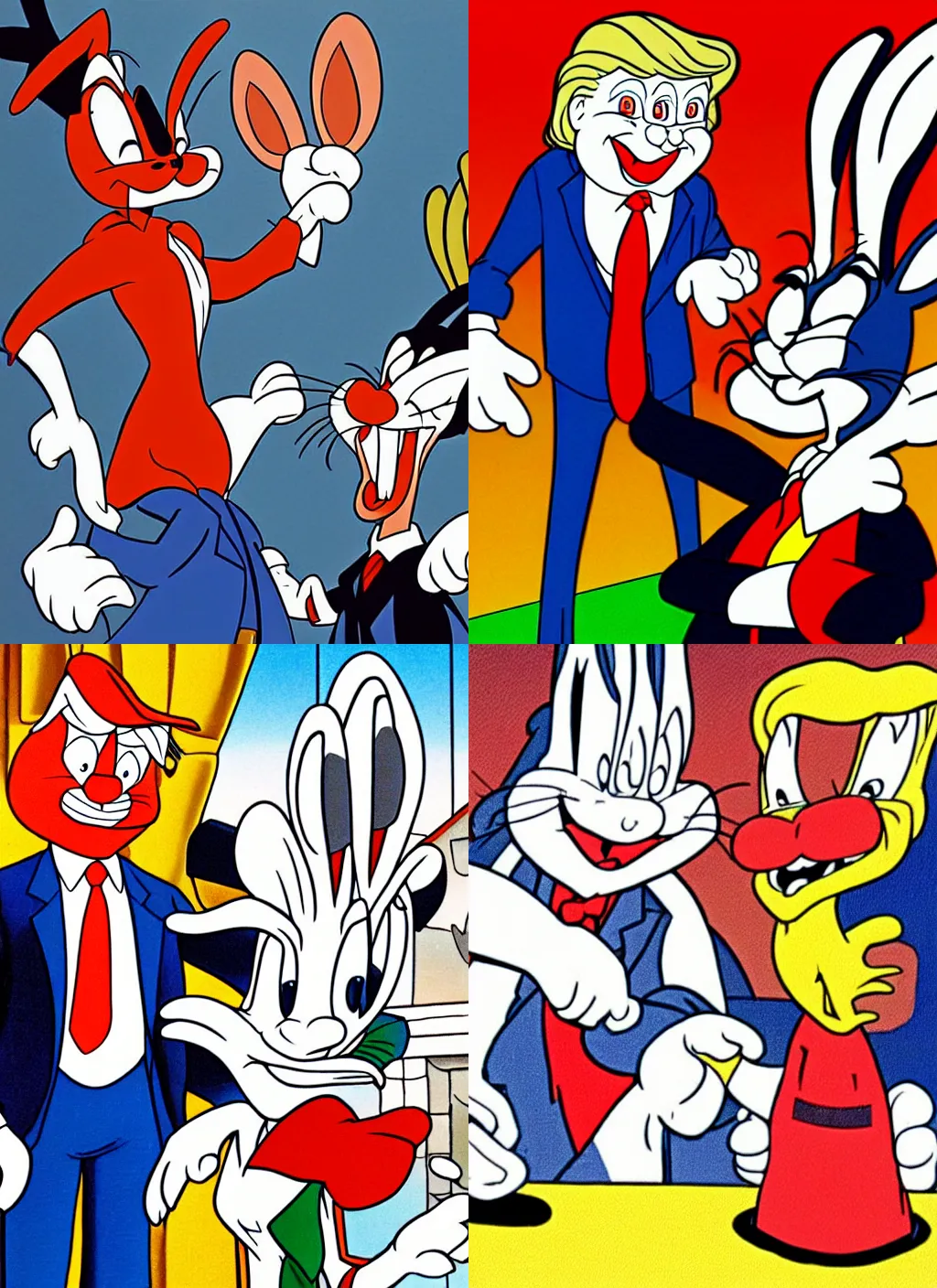 Prompt: a warner brothers style cartoon of bugs bunny shaking hands with donald trump, bugs bunny is winking and holding tnt behind his back