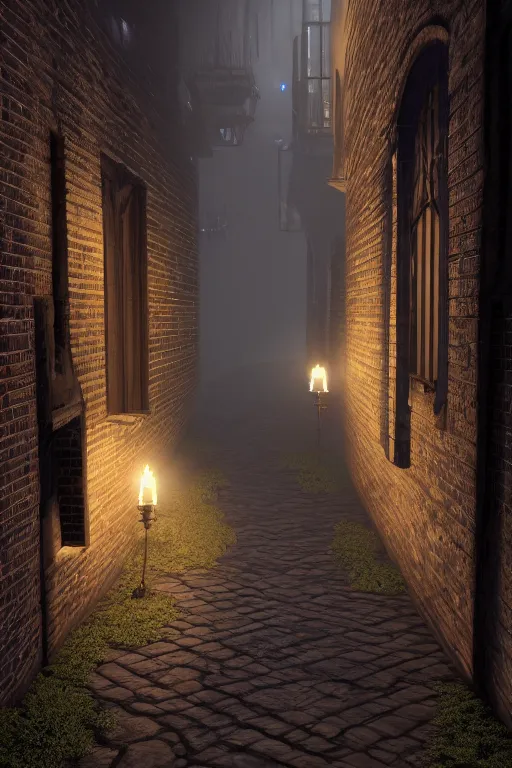 Image similar to old victorian london back alley lit by candles with dark shadows, unreal engine