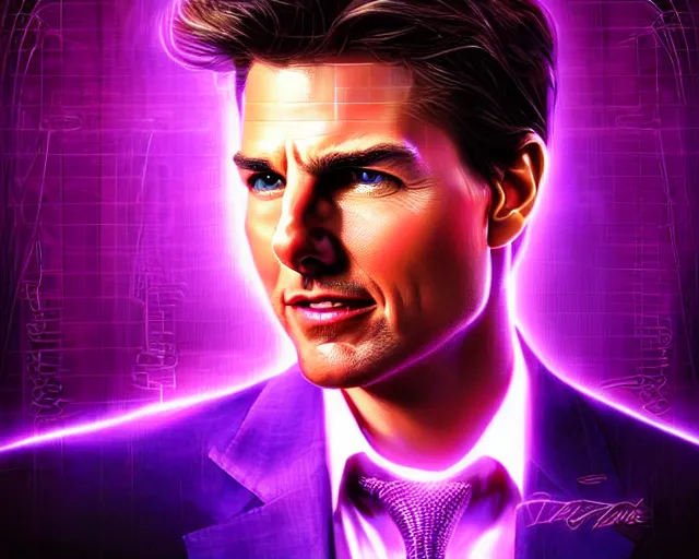 Prompt: portrait of tom cruise, fractal neon glowing diagram background, intricate purple suit, digital art by artgerm and karol bak