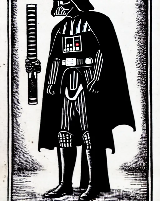 Image similar to b & w woodcut illustration of darth vader from the nuremberg chronicle, 1 4 9 3, restored, hq scan