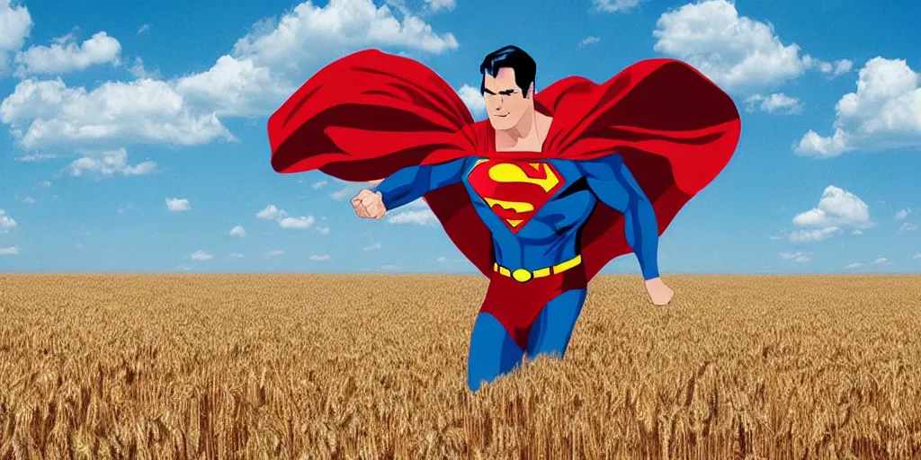 Image similar to superman is cutting wheat in a wheat field