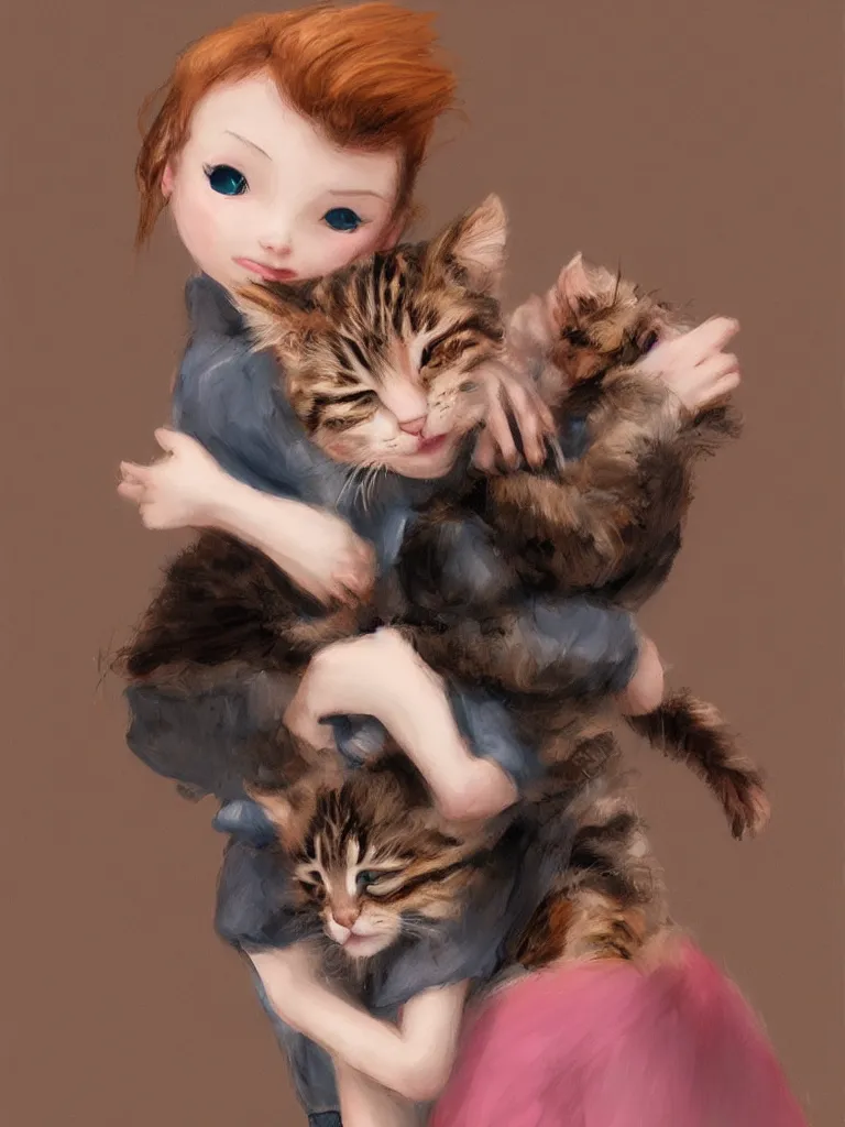 Prompt: girl hugging kitten by disney concept artists, blunt borders, rule of thirds