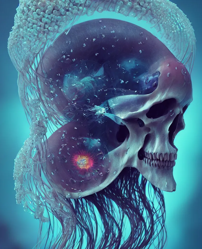 Image similar to goddess close-up portrait animal skull. jellyfish phoenix head, nautilus, orchid, skull, betta fish, bioluminiscent creatures, intricate artwork by Tooth Wu and wlop and beeple. octane render, trending on artstation, greg rutkowski very coherent symmetrical artwork. cinematic, hyper realism, high detail, octane render, 8k