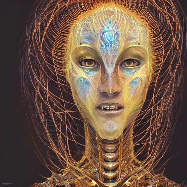 Prompt: perfectly centered symmetrical portrait, front view of a beautiful biomechanical alien robot goddess, female, flowing hair, intense stare, sweet smile, cosmic background, concept art, intricate detail, volumetric shadows and lighting, realistic oil painting by alex grey, pixel art,