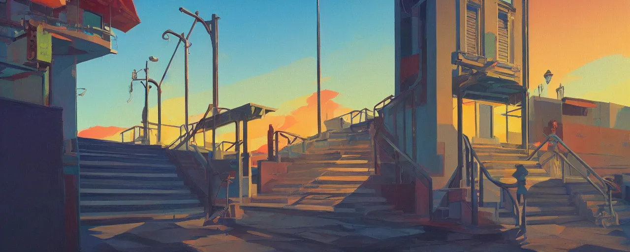 Image similar to A simplistic oilpainting of neo brutralism, a long stairway up, concept art, colorful, vivid colors, sunrise, warm colors, light, strong shadows, reflections, cinematic, 3D, grainy, super clean, 8k, in the style of Akihiko Yoshida and Edward Hopper