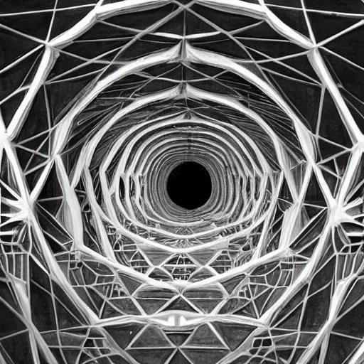 Prompt: collapsing tunnels cascading into echoes of octagon patterns, stuttering squares, staircases that go to infinity, reflection pool, dreamscape, lost, x - files, giger, escher, loish, twilight zone, chaos, mtg, labyrinthine, maze