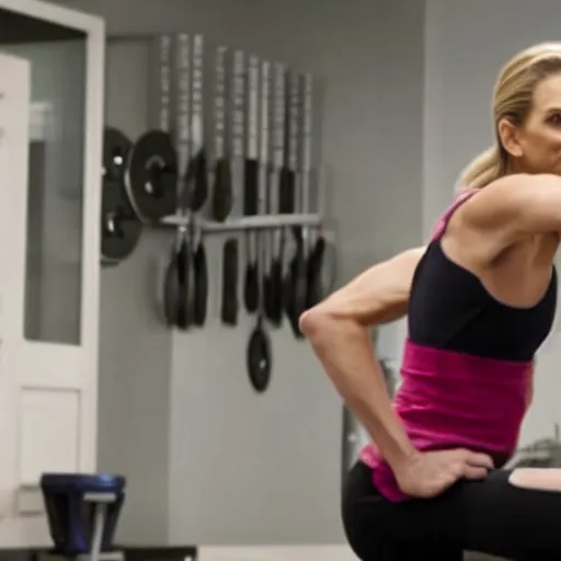 Image similar to muscular Kim Wexler working out in a jim, movie still, photorealistic