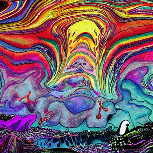 Prompt: crazy psychedelic landscape full of ghosts, utopia