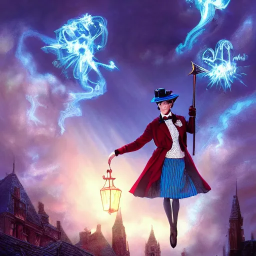 Prompt: Mary poppins , casting epic spell, magic the gathering artwork, D&D, fantasy, cinematic lighting, centered, symmetrical, highly detailed, digital painting, artstation, concept art, smooth, sharp focus, illustration, volumetric lighting, epic Composition, 8k, art by Akihiko Yoshida and Greg Rutkowski and Craig Mullins, heroic pose, oil painting, cgsociety, magic lab background