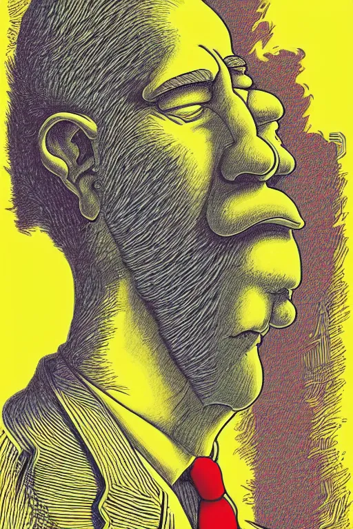 Prompt: a vibrant! sideview waist up portrait of homer simpsons by laurie greasley and rene magritte, etching by gustave dore, colorful flat surreal ethereal, intricate, sharp focus, illustration, highly detailed, digital painting, concept art, masterpiece
