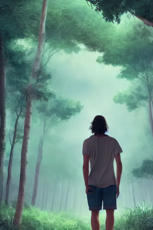 Image similar to young man with wavy back shoulder length hair, plain cotton shorts, back view, trees, detailed forest background, webtoon, breathtaking scenery, colourful, 8 k, graphic novel, digital art trending on artstation, volumetric lighting, octane render, cinematic, hyper detailed, magical atmosphere