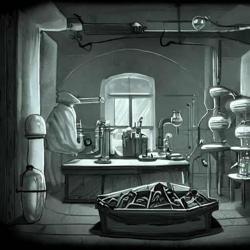 Image similar to inside a mysterious alchemist\'s laboratory, 70mm film, trending on artstation