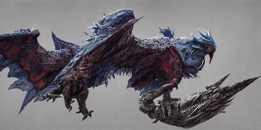 Image similar to Draconian dark reflective blue owl creature, character design sheet, Monster Hunter Illustrations art book, sharp and scaly feathers, huge wings, thick and strong legs, huge and sharp claws, red beak, Moebius, Greg Rutkowski, Zabrocki, Karlkka, Jayison Devadas, Phuoc Quan, trending on Artstation, 8K, ultra wide angle, zenith view, pincushion lens effect.