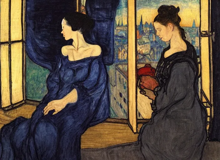 Image similar to close portrait of woman in night gown with cat, with city with gothic cathedral seen from a window frame with curtains. thunderstorm, deep indigo. caravaggio, egon schiele, bonnard, henri de toulouse - lautrec, utamaro, monet - h 7 0 4