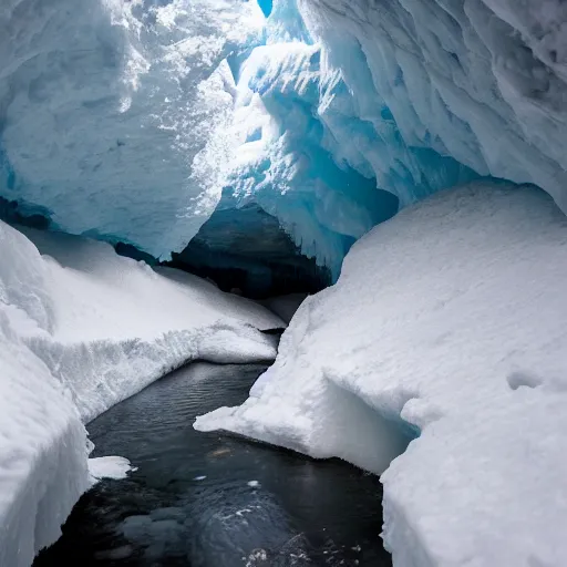 Image similar to narrow ice cave with low ceiling and narrow rough river running through it, surreal,