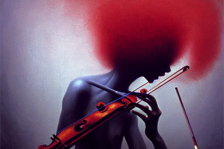 Image similar to surreal concept of the mystery musician with colored smoke playing a violin, in the style of rafał olbinski, in the style of beksinski, intricate and epic composition, red by caravaggio, insanely quality, highly detailed, masterpiece, purple light, artstation, 4 k